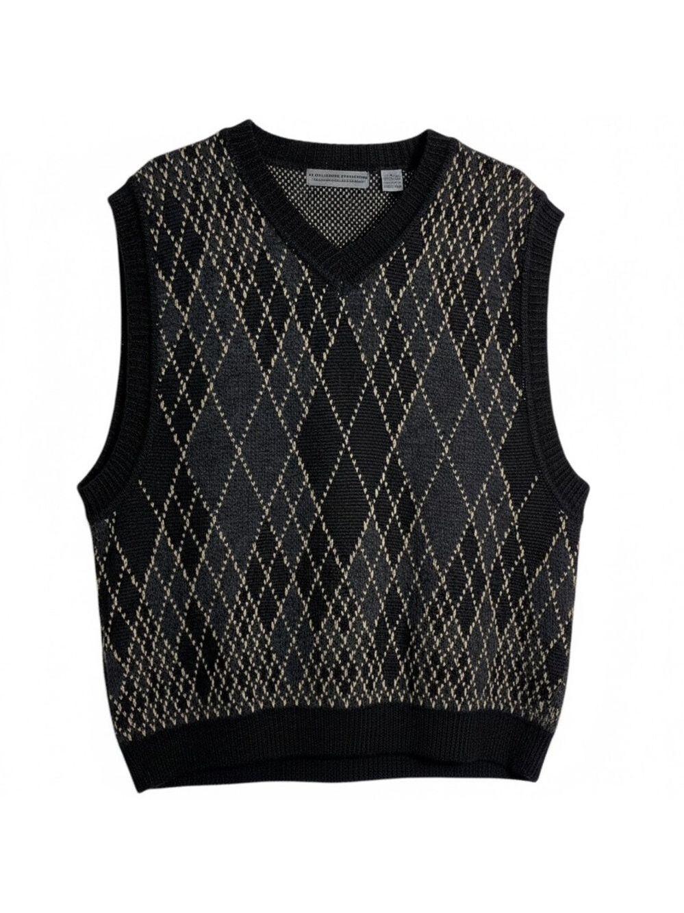 Wool Sweater Vest Mens XL Black Gray Argyle Vintage 90’s Structure Le Collezioni